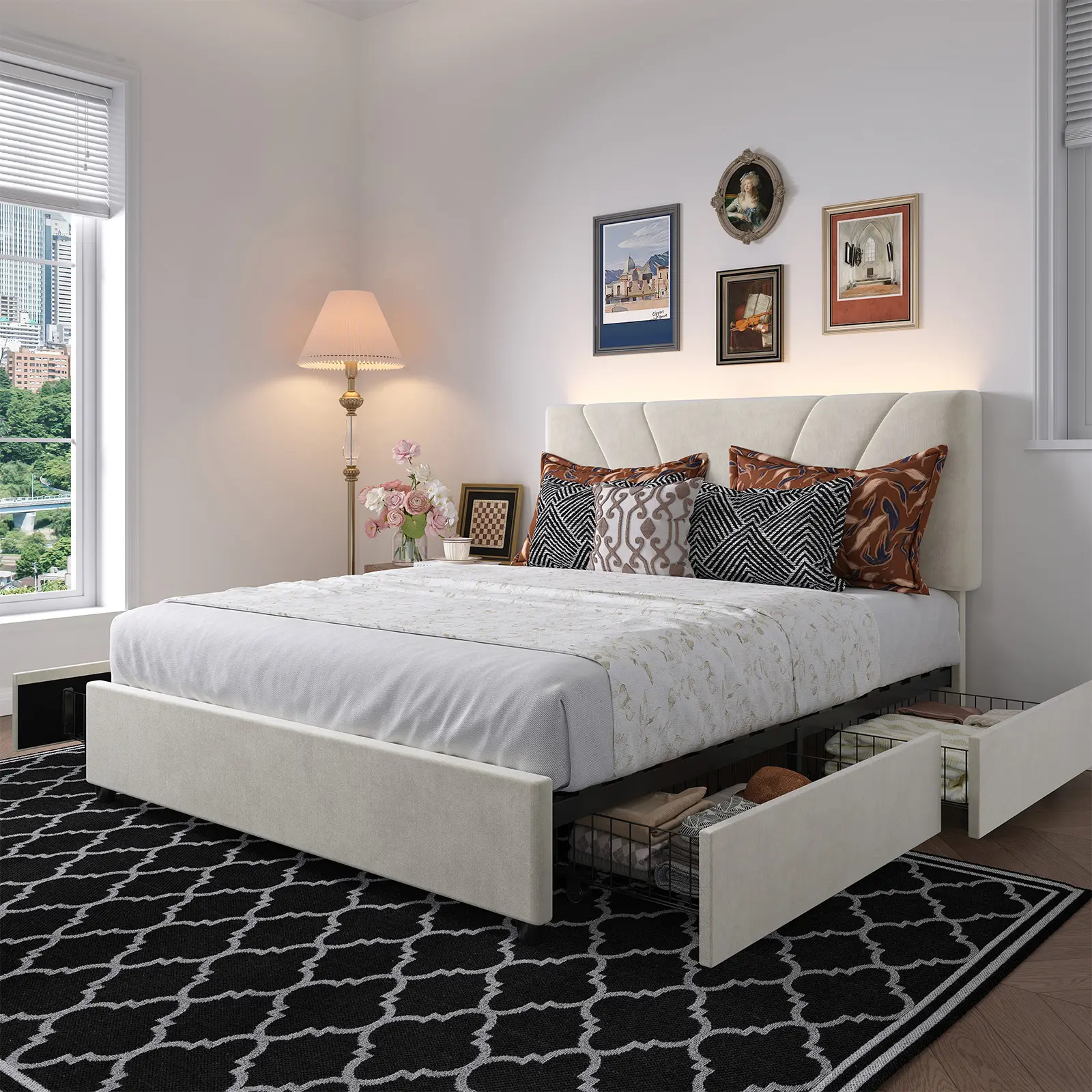 Novilla Full/Queen/King Size Upholstered Bed Frame, Adjustable LED Wing Headboard，Charging Station, Built-in Underbed Storage Drawers, No Box Spring Needed