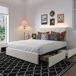 Novilla Full/Queen/King Size Upholstered Bed Frame, Adjustable LED Wing Headboard，Charging Station, Built-in Underbed Storage Drawers, No Box Spring Needed