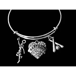 Softball Jewelry Adjustable Bracelet Expandable Silver Charm Bangle Softball Player and Bat One Size Fits All Gift