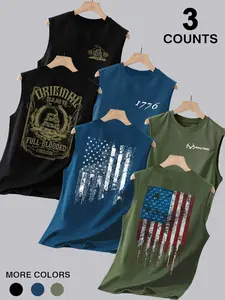 Men’s 3-Pack Patriotic Themed Sleeveless Tank Tops, "1776" & American Flag Print Casual Muscle Shirts, Independence Style Workout & Daily Wear Vests#PatrioticTankSet #AmericanFlagPrint #Mens3PackTank #IndependenceStyleWear #TikTokFashion