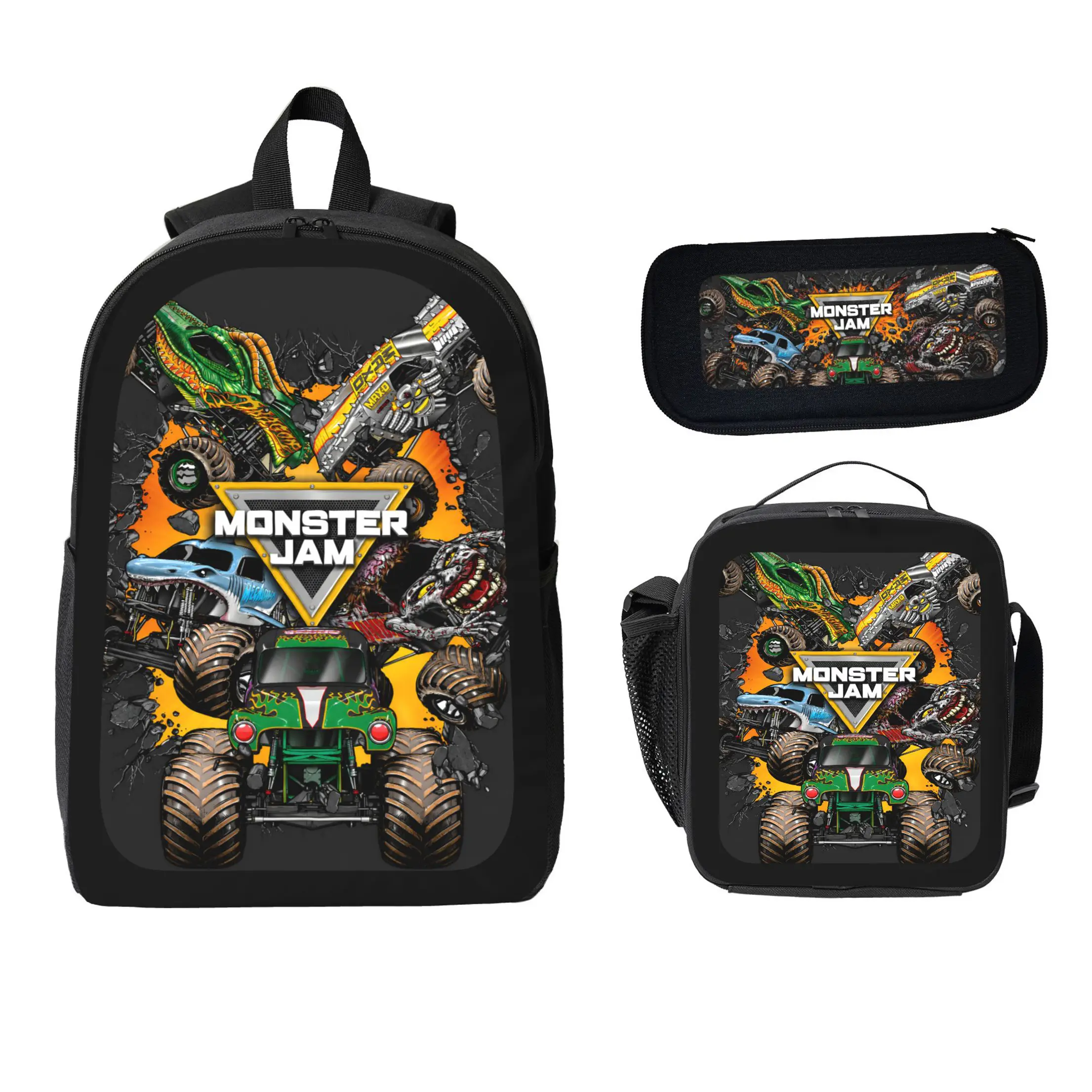Monster Jam 3-Pcs Polyester Backpack Set Large Capacity Lightweight Backpack Lunch Bag Pencil Case with Monster Truck Print Back to School Travel Gift for Kids Students