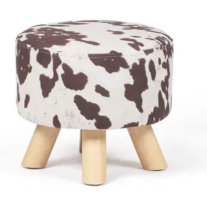Small Round Ottoman Foot Rest Stool Linen Padded Seat Footstool Ottoman with Anti-Slip Wooden  (Cow Brown,Linen)