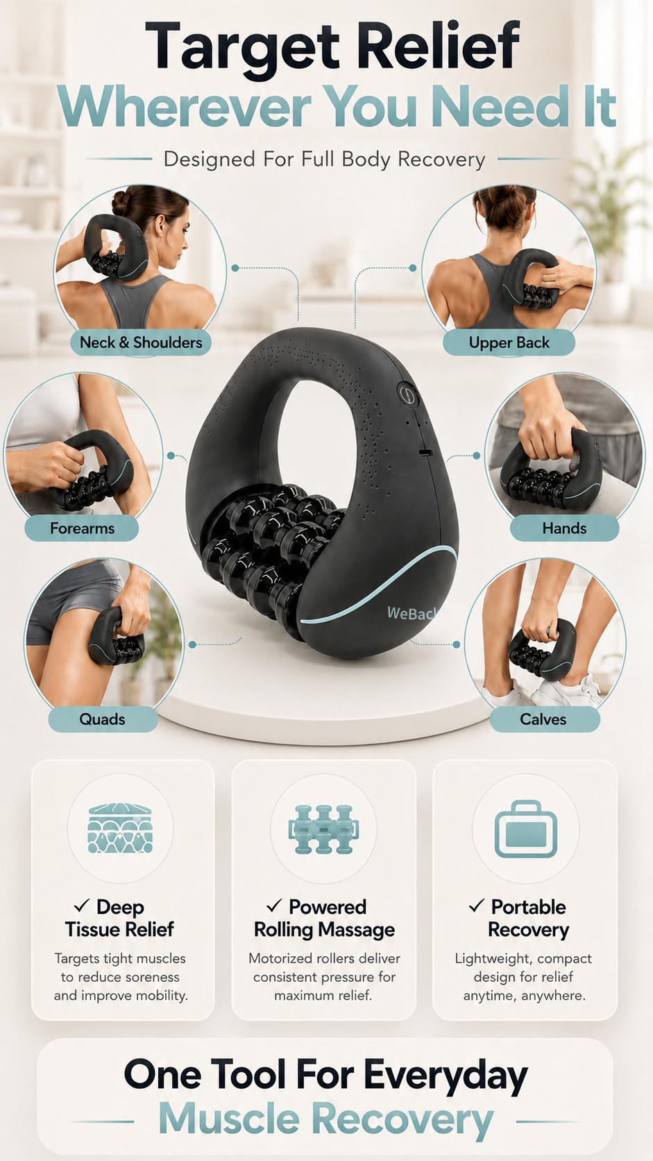 WeBack Handheld electric rolling massager provides full-body relief for deep tissues and muscle with 3-speed rotation. summerwins