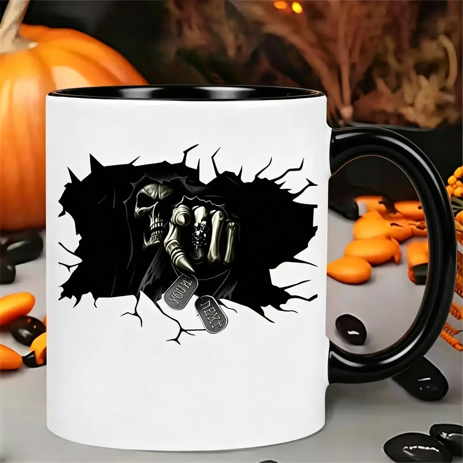 Grim Reaper Mug Gothic Cup with Breaking Through Surface Dog Tag 11oz Ceramic Cup Suitable for Halloween Gifts for Colleagues Themed Parties