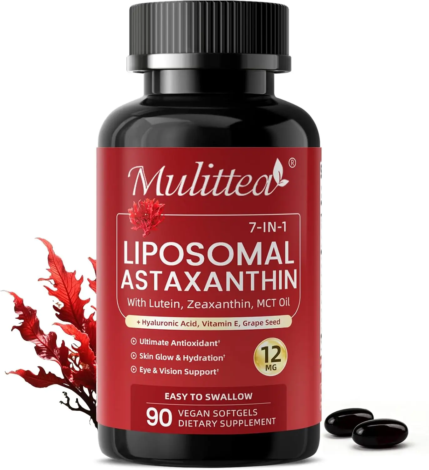 Liposomal Astaxanthin 12mg with Hyaluronic Acid & Lutein for Skin & Eye | 7-IN-1 Vegan Softgels with Vitamin E, Zeaxanthin, Phospholipids & MCT for Antioxidant, Skin Hydration, GMP, Gluten Free, 90ct