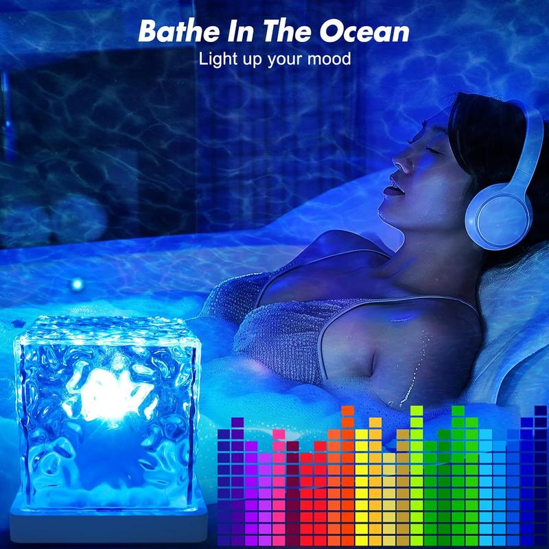 Rechargeable Shower Light No Wiring, 16 Color Changeable Ocean Wave Projector Light, Dimmable Waterproof Shower Lamp with Remote, Rotating Flame Water Ripple Lamp for Shower, Bathroom, Bedroom Decor