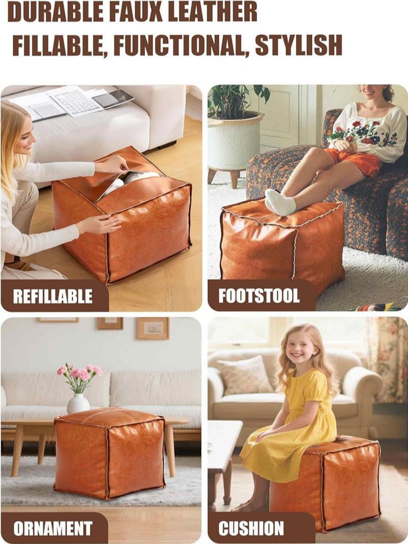 15.7-inch square ottoman cover needs to be filled, an artificial leather storage DIY ottoman with a zipper, scratch-resistant and easy to clean. Suitable for living rooms and bedrooms. Can store clothes and blankets. Home decor sofa furniture.