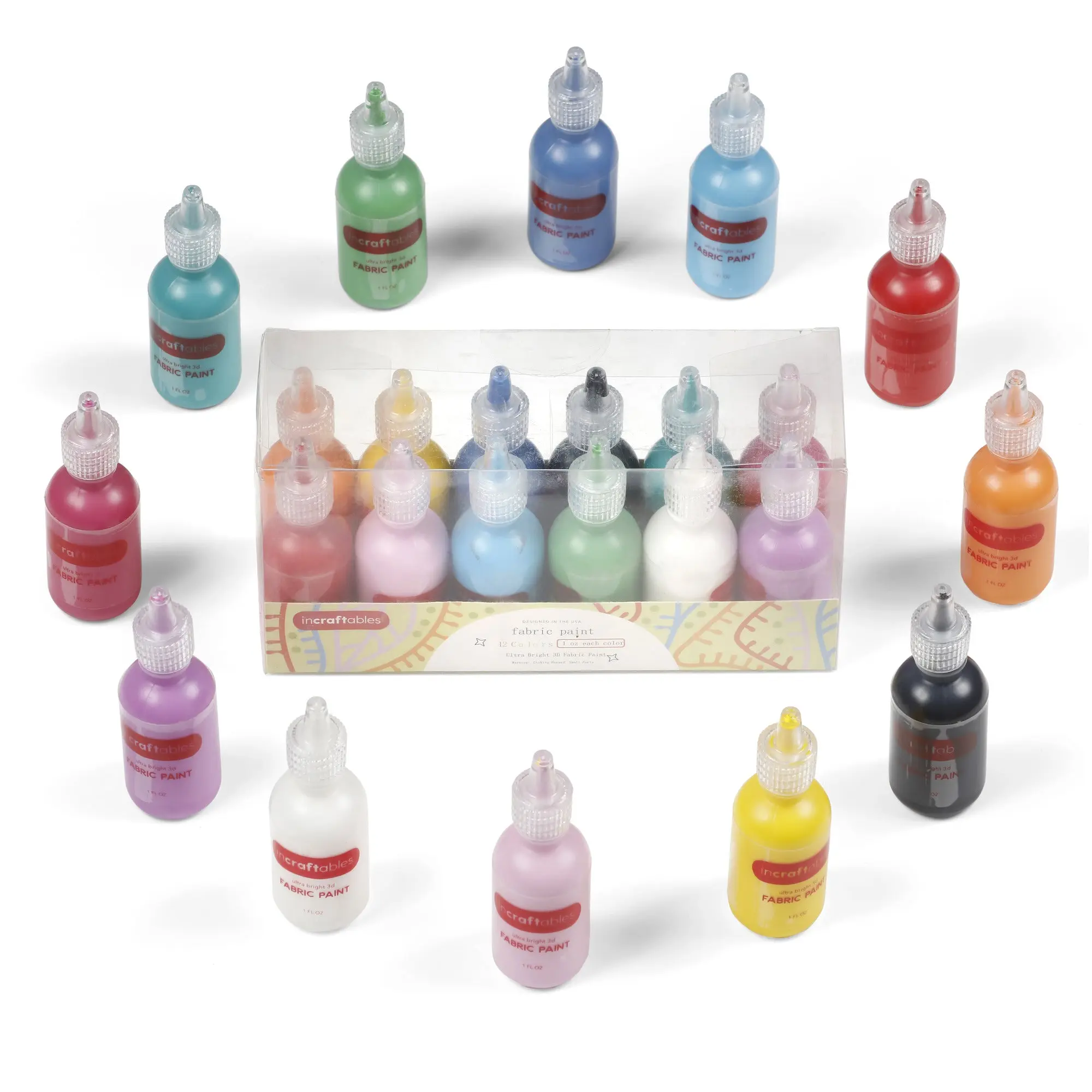 Incraftables Fabric Paint for Clothes Permanent (12 Colors Set - 1 oz Each). Tshirt Paint for Fabric. Best 3D Non Toxic Fabric Paint for Laundry, Crafts, Tote Bags, Shoes, Shirts, Upholstery & Pillow