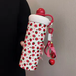 600ML Insulated Cup with Cherry Pendant, Sweet Strawberry Travel Mug, Travel Tumbler and Coffee Cup, Stainless Steel for Hot and Cold Drinks, Perfect for Sports, Travel and Home Use, Insulated Travel Drinkware