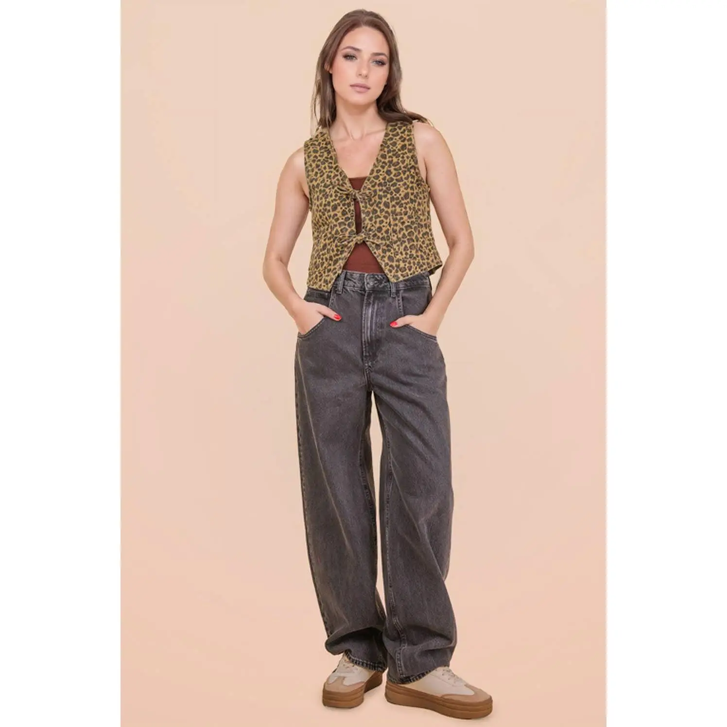 Leopard Denim Front Tie Vest