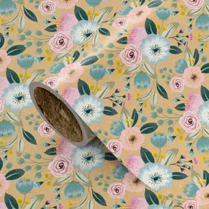 Vintage Blue Floral Kraft Paper Gift Wrapping Paper, 43cm X 300cm, Ideal for Birthday, Mother's Day, Party Decor, DIY Crafts