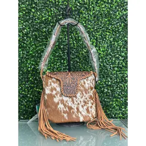 Trinity Ranch Genuine Hair-On Cowhide Tooled Fringe Shoulder Bag