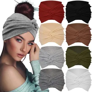 8 Pack Extra Wide 7’’ Twist Headbands for Women – Stretchy Turban Style Hair Bands, Soft Polyester Spandex Fashion Head Wraps (Solid1)