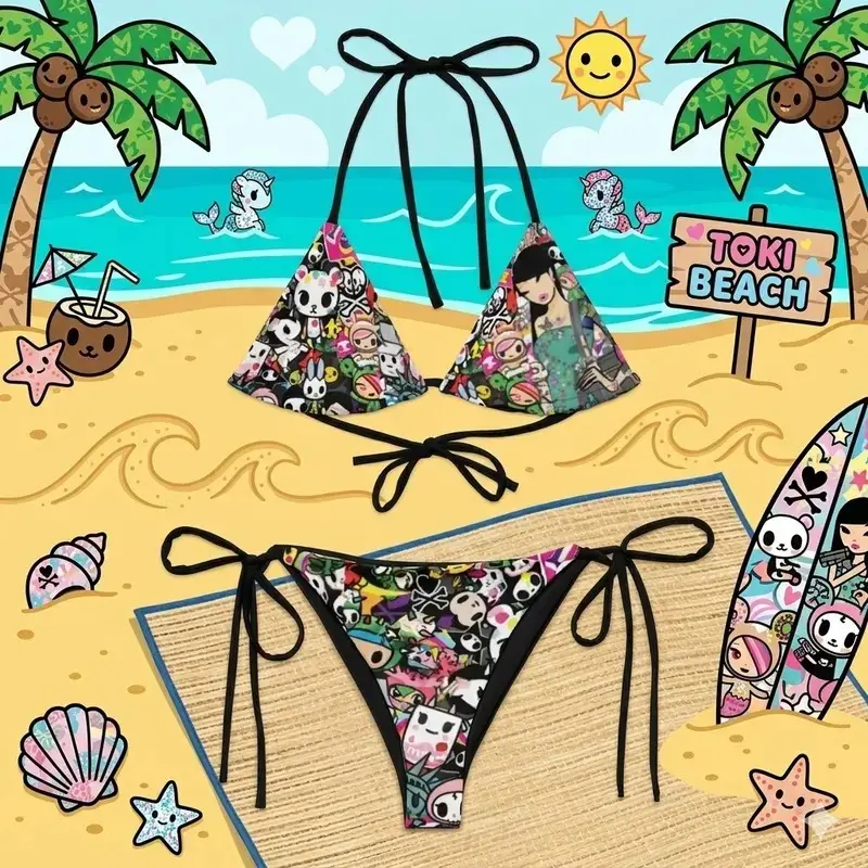 Black Y2K Cartoon String Bikini Two-piece Print Set Women Cute Anime Print Triangle Top Tie Side Bottom Summer Beach Vacation Streetwear Festival Swimsuit Loose Comfy Cool
