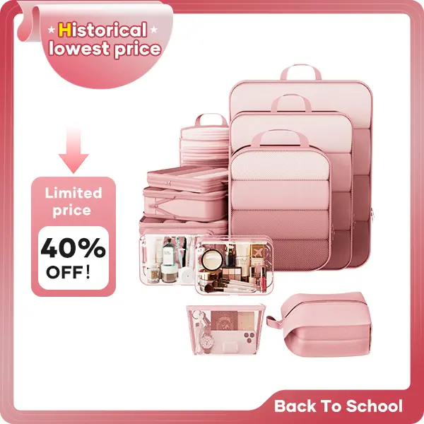 【Veken】 9/11Pcs Compression Packing Cubes, Life-Saving Expandable Travel Organizer Bags, Cut Half Your Luggage Mess, Durable Space Saver Pouches with Extra Toiletry Bag for Trip Clothing