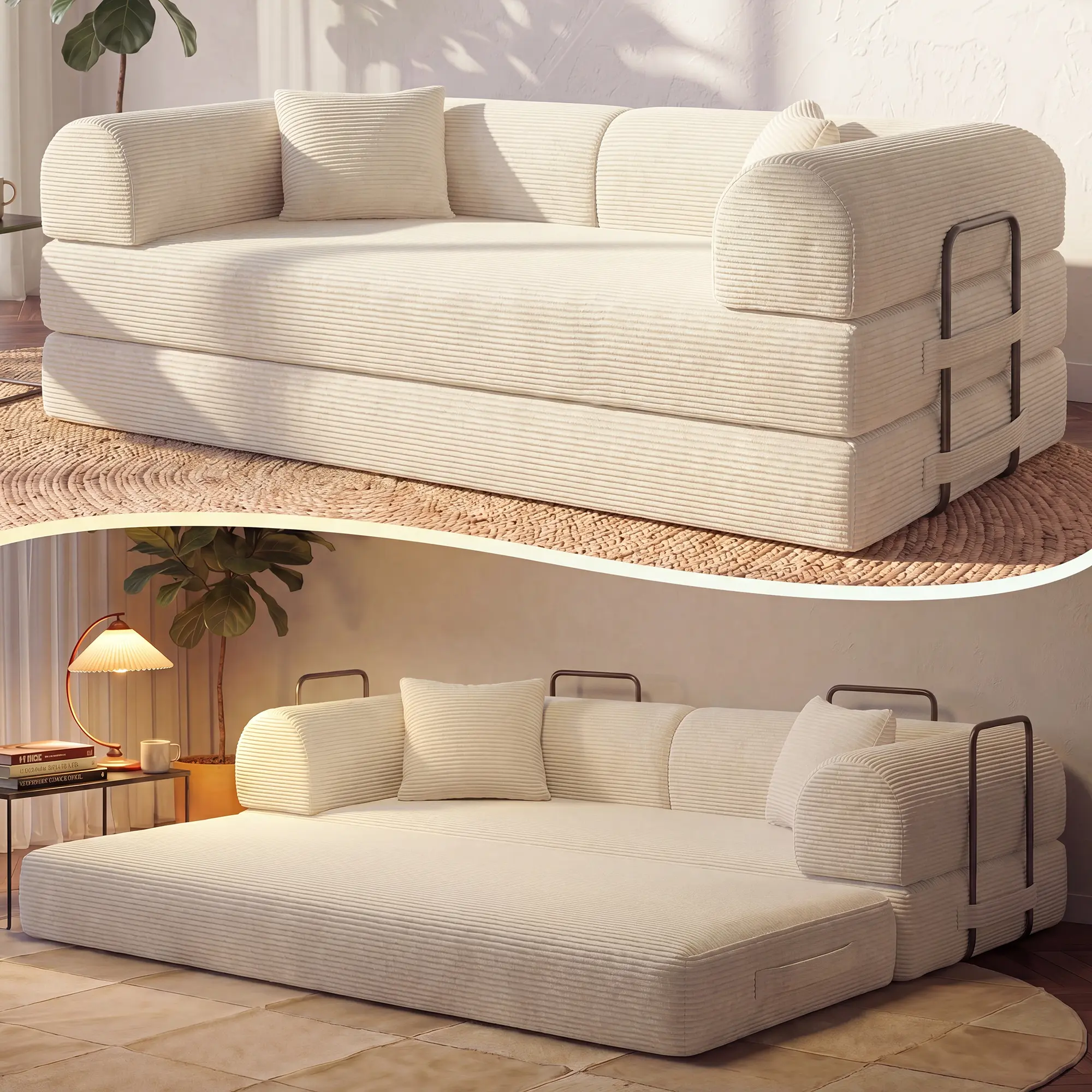 KELVISS 79-in Boneless Cloud Couch Furniture, 5-in-1 Convertible Sleeper Sofa Bed, Deep-Seat Corduroy Modular Floor Sofa with 2 Headrest Pillows, Easy Setup for Small Spaces Oversized Plush Chaise Lounge