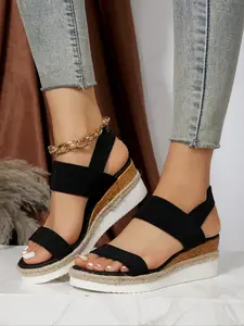 Women's Summer High Heel Wedge Sandals, Height Increasing Thick Sole, Elastic Strap Open Toe, Fashion Comfort Shoes, Must-Have for Travel, Higher Platform Sandals, Wedges Sandals