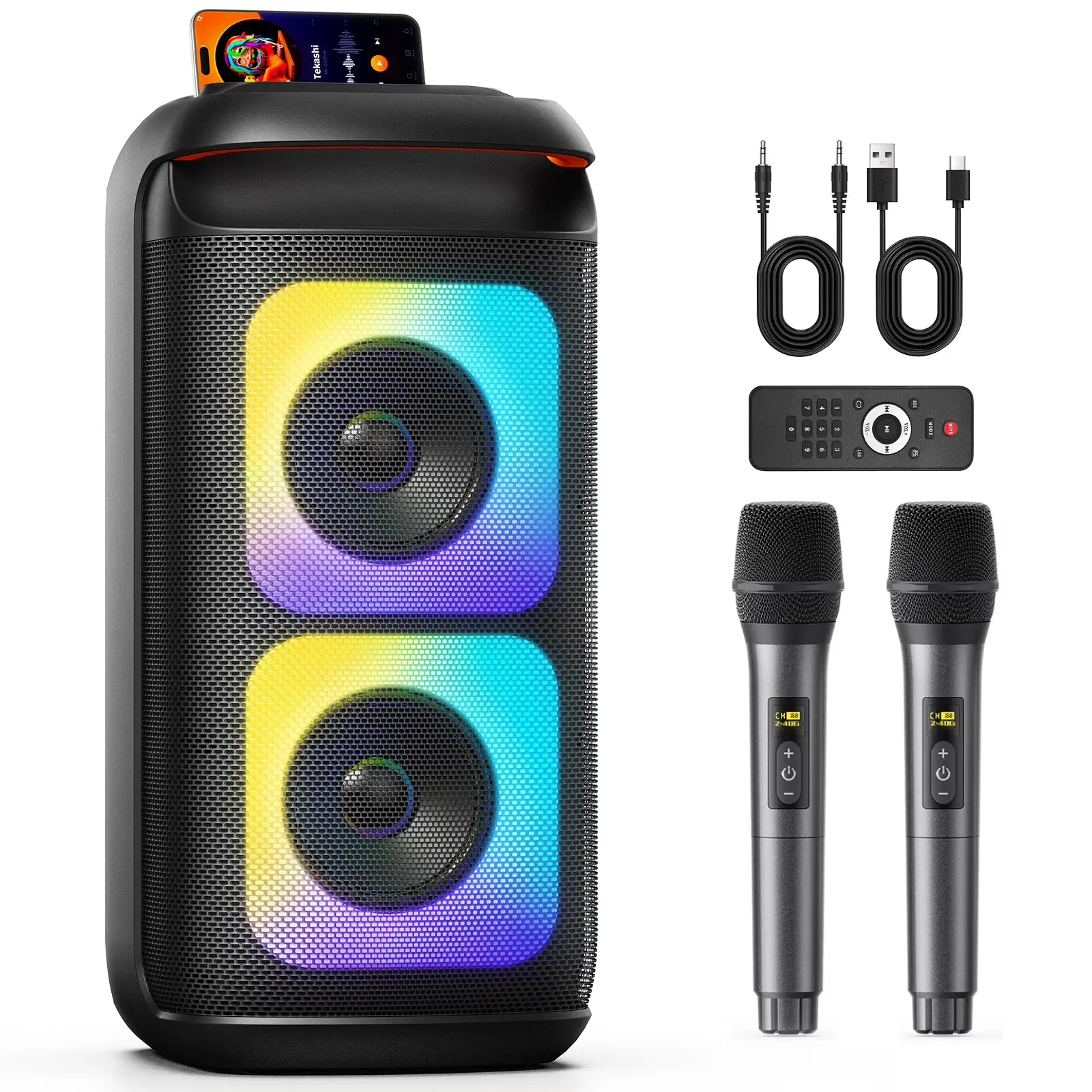 JYX Portable Bluetooth Speaker - RGB Disco Lights, Deep Bass Speakers, 10 m Wireless Range, USB/Tablet Compatibility, Aux Input, Outdoor Audio Device with Wireless Mics (TikTok Shop Back to School)