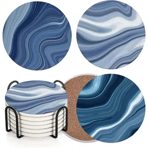 Coaster for Drinks Set of 6,  Retro Colorful Blue Marble Absorbent Round Ceramic Stone Mat, with Cork Base and Metal Holder,  for Housewarming Room Bar Decor