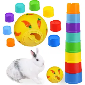 9 Pack Rabbit Stacking Cups and Bunny Treats Balls, with Multi Colored Plastic Bunny Stacking Cups Rabbit Toys, for Guinea Pigs Bunnies Hedgehogs Small Animals Hiding Food and Playing