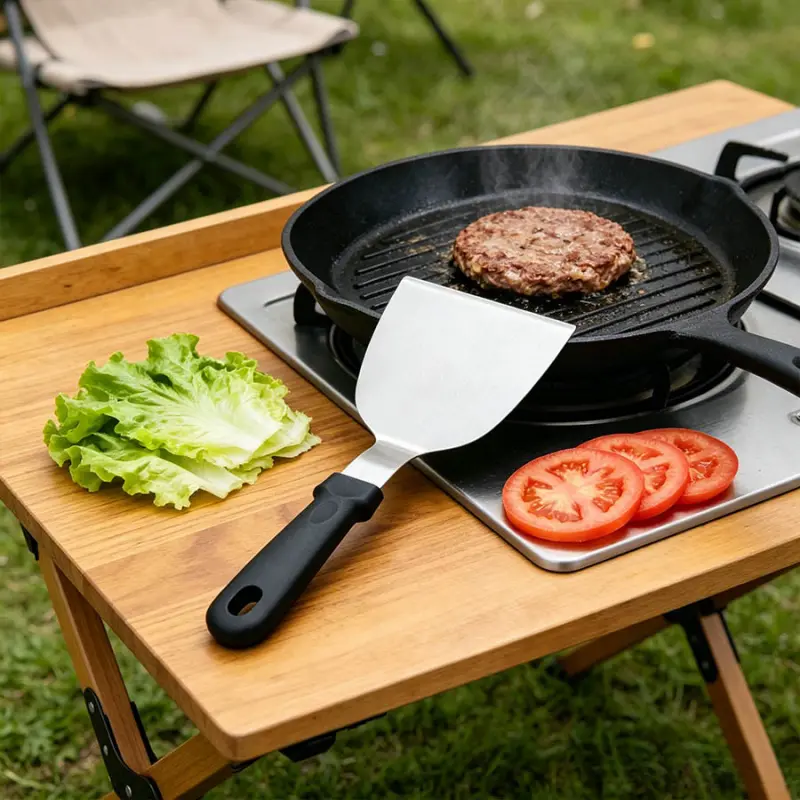 1 stainless steel frying spatula with ultra wide angled edges, perfect for flipping burgers, pancakes, and barbecues. Ergonomic anti slip handle, durable food grade design, versatile kitchen utensil for commercial and home cooking