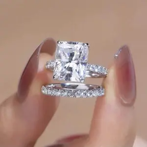 2 piece Rectangle cut zircon wedding ring set