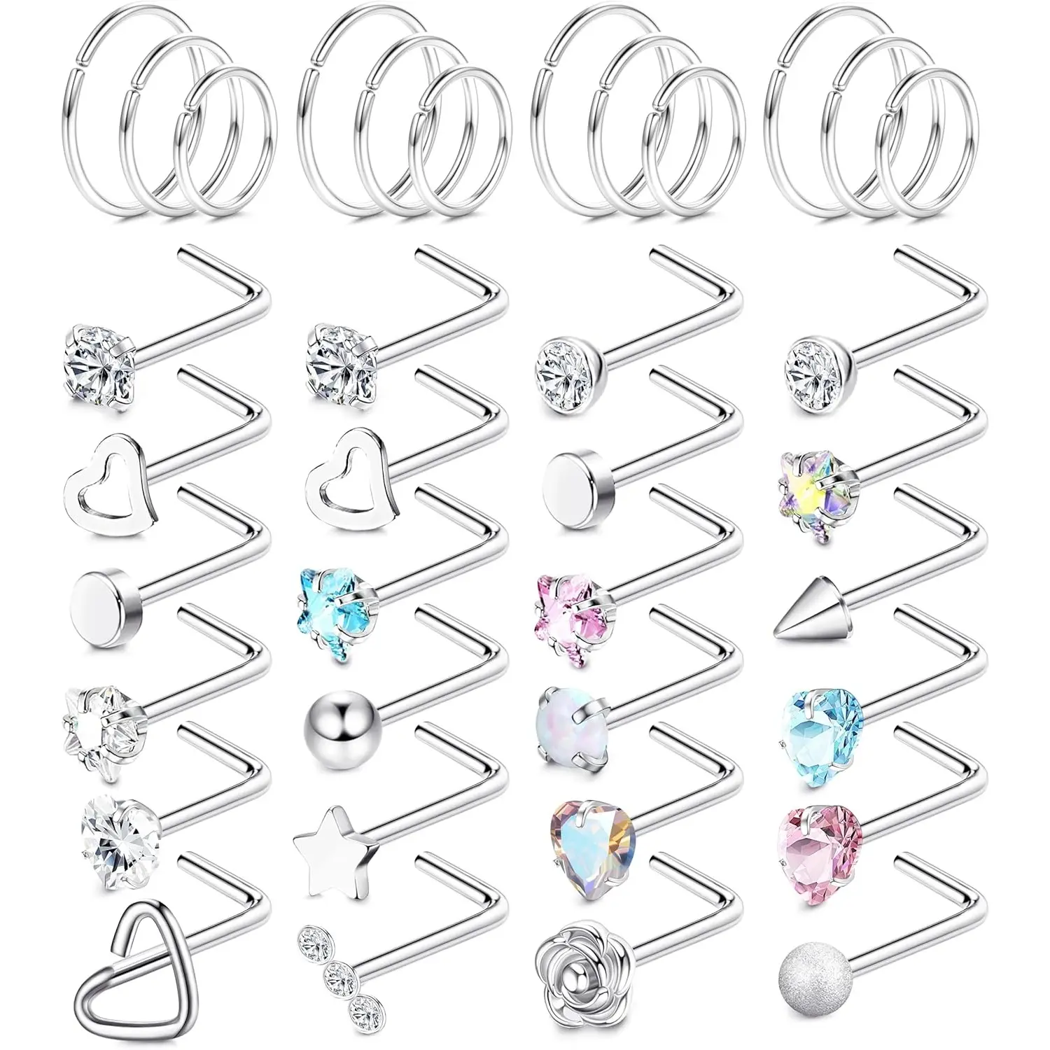 MILACOLATO 36-Piece 18G-20G Surgical Steel Hypoallergenic Body Jewelry Set for Women, L-Shaped Nose Studs, CZ Opal Heart Star Nose Hoops, Cartilage Helix Piercing, Ideal for Casual & Daily Wear, Nose Ring
