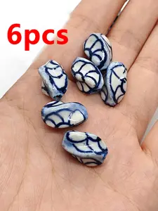 6pcs Blue and White Flower Pattern Ceramic Beads, Cute Cartoon Style, DIY Jewelry Making Supplies, Handmade Bead Accessories, All Seasons