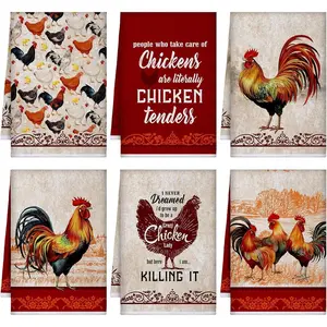 6 Pcs Farmhouse  Towels Chicken Rooster Hand Dish Towels Farm Animal Washcloths Rustic Kitchen Decor for Easter Kitchen Bathroom Home Cooking Baking Gift(Red,Chicken)