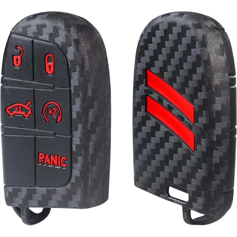 1 PC Silicone Key Fob Cover Fit for Dodge Charger Challenger Durango Journey Dart Key Shell Protector 5 Buttons Keyless for Dodge Accessories(Carbon Fiber red Trim)