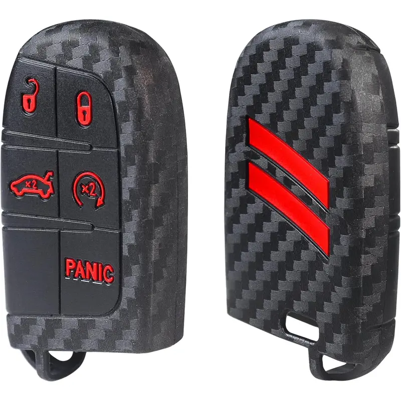 1 PC Silicone Key Fob Cover Fit for Dodge Charger Challenger Durango Journey Dart Key Shell Protector 5 Buttons Keyless for Dodge Accessories(Carbon Fiber red Trim)
