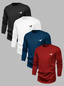 Men's Long Sleeve Round Neck T-Shirt Set, Soft Knit Winter Warm Base Layer, Eagle Logo Print, Breathable Layered Tee, Casual & Formal Wear