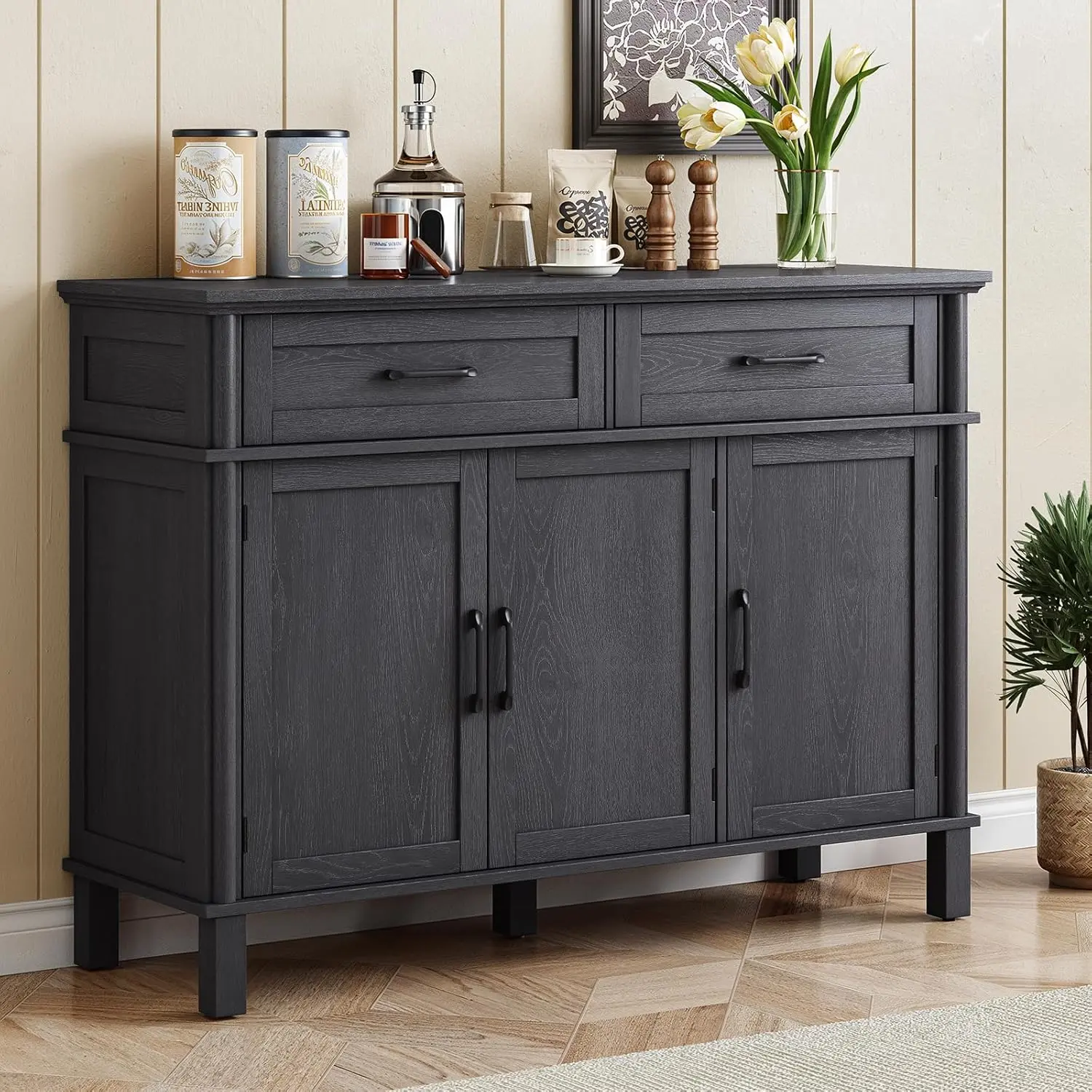 【SummerFinds】ONBRILL 48-Inch Sturdy Modern Farmhouse Sideboard Buffet Cabinet - Black Wood Cabinet Chest with 2 Drawers, 3 Doors, Adjustable Multi-Compartment & Shelves for Kitchen, Living Room