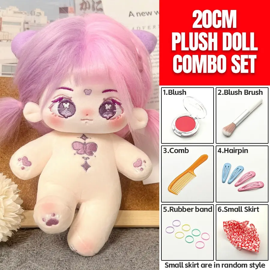 20cm Plush Cotton Doll DIY Set - Complete 7-Piece Set with Bare Doll, Blush Powder, Blush Brush, Comb, 2 Pairs Hair Clips, Hair Ties & Cute Floral Dress - Kawaii Dress-Up Toy Gift for Girls, DIY Craft Enthusiasts & Doll Collectors