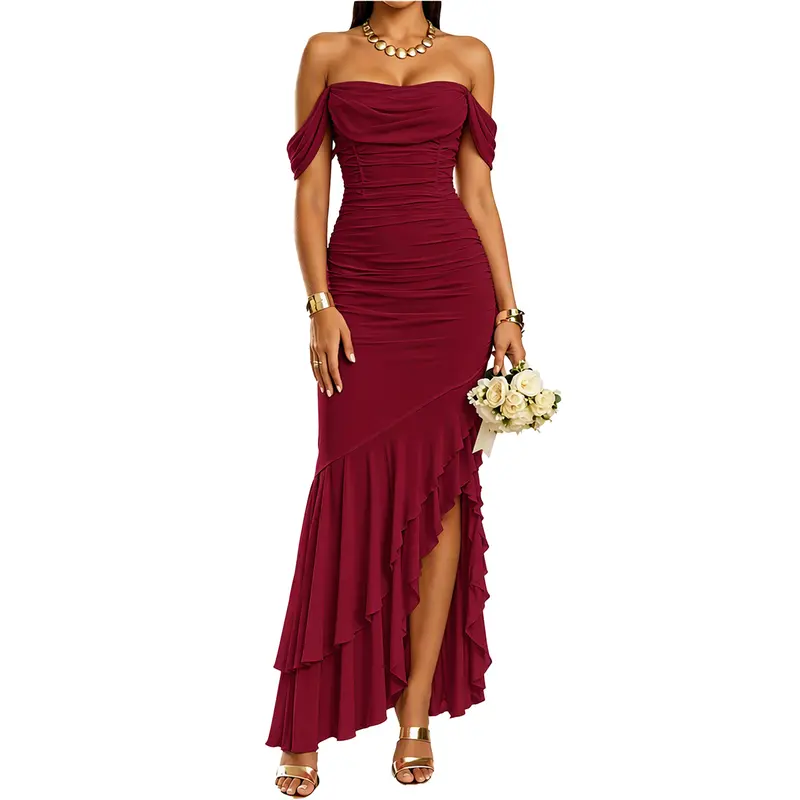 BORIFLORS Women's Elegant Off-Shoulder Sleeveless Ruched Maxi Dress, Soft Stretchy Slimming Bodycon High Split Ruffle Hem Formal Gown, Fall Wedding Guest Birthday Outfit for Evening Cocktail Party, Black Friday Deals, Halloween Outfit, Y2K Clubwear