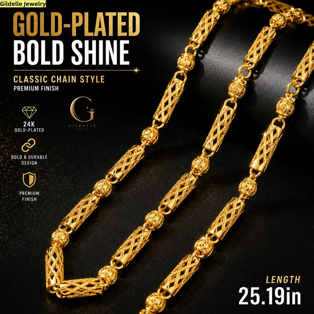 Gildelle 24K Real Gold-Plated Copper Openwork Filigree Tube Link Necklace, 25.2-Inch 7mm Textured Statement Chain for Men and Women