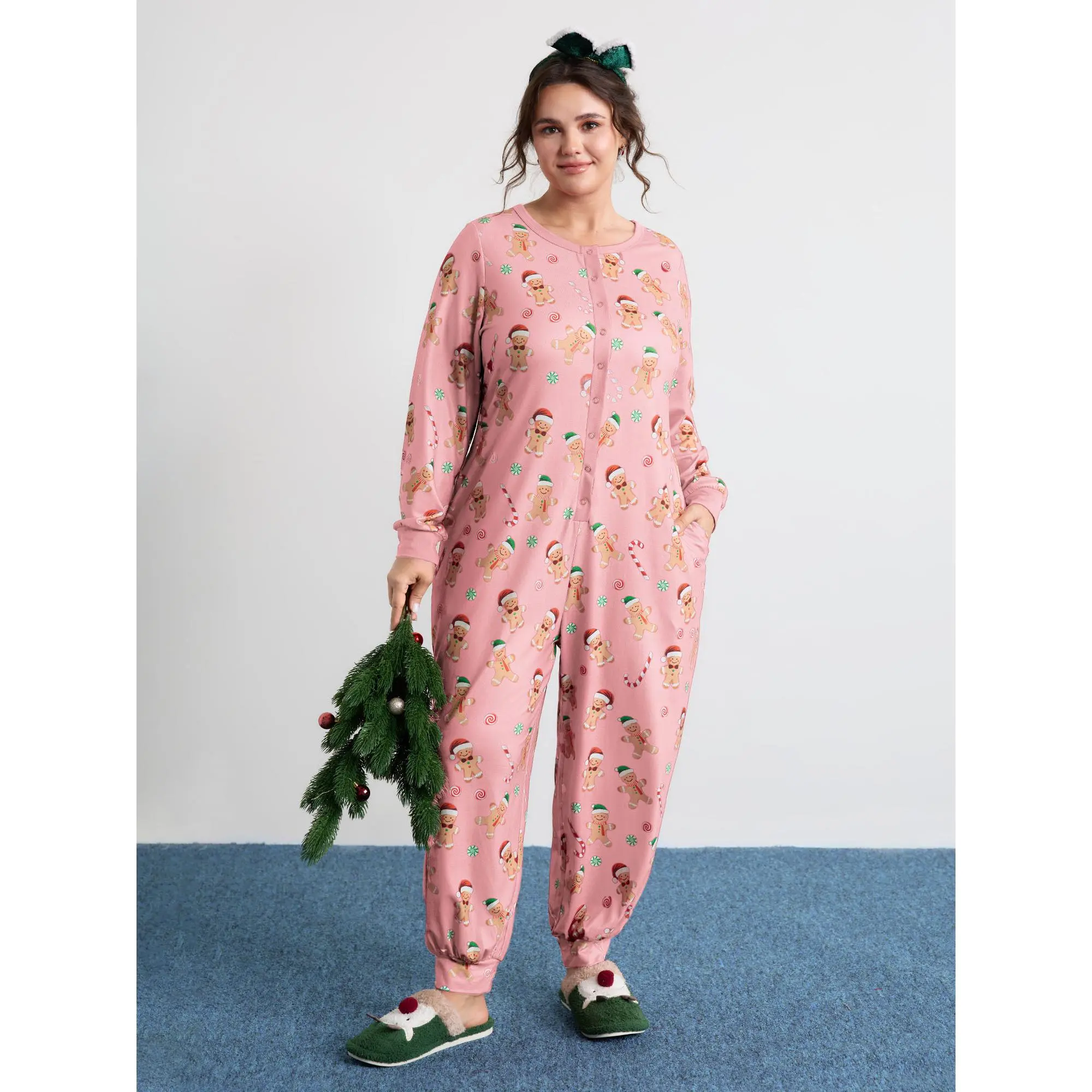 BLOOMCHIC Women's Plus Size Gingerbread Print Button Placket Jumpsuit (M-6X) - 2026 Summer Breathable Comfy Spandex Loungewear, Long Sleeve, Round Neck, Ribbed, Pocket, Patchwork, Everyday Simple Plus Size Clothes