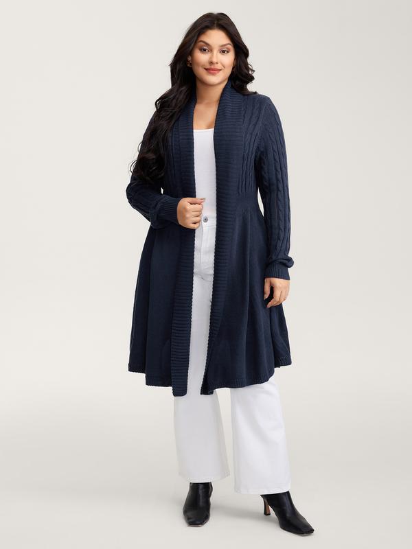 BLOOMCHIC Indigo Cable Knit Cinched-Flared Waist Knit Cardigan with Long Sleeves and Kimono Collar for Timeless Style Fit Knitting Knitwear Women Womenswear