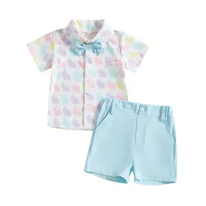 Toddler Baby Boy Easter Outfits Bunny Short Sleeve Button Down Shirt Top Solid Shorts Set Summer Clothes 2Pcs