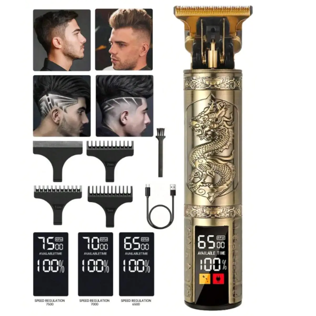 Professional LCD Multifunctional Hair Clippers - High Quality Trimmer, Waterproof, 0mm T-Blade, Cordless Handle, Vintage Gold, Comfort Trimmer, Ideal Gift, Multifunctional Hair Trimmer