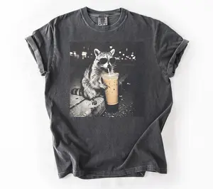 Comfort Colors Raccoon Drinking Iced Coffee Shirt | Funny Animal Meme Tee | Coffee Lover Raccoon Shirt | Unisex Graphic T-Shirt