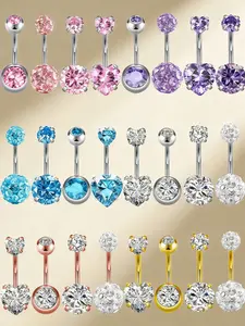 Cubic Zirconia Belly Button Ring Set, Stainless Steel 14g Heart Design Belly Piercing Jewelry, Rhinestone Belly Ring, Perfect for Women Party Wear, Holiday Gift