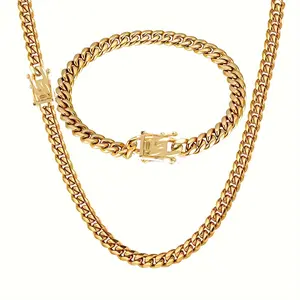 Men's Miami Cuban Link Chain Set 2 Pcs Gold Plated Stainless Steel 6mm Thick Straps Bracelet Necklace Street Hip-Hop Jewelry Set
