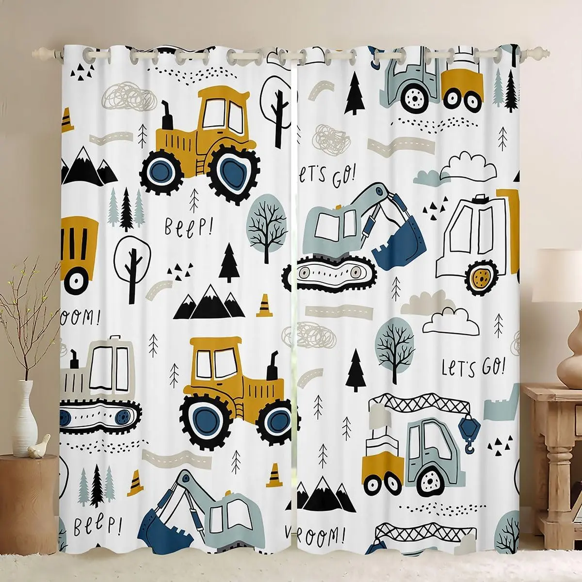 Feelyou Playful Car Print Darkening Curtains (52w x 90l, Set of 2) - Velvet Fabric, Multi-Size, Construction Vehicles Design, White-Yellow Window Treatments for Bedroom, Dining Room, Racing Car Curtains