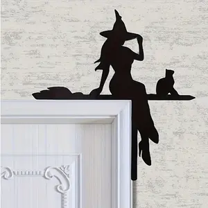 Halloween Door Corner Decoration, Cat Riding Broom Metal Frame Artistic Wall Sculpture, Home Decor for Living Room Bedroom Indoor Outdoor Use