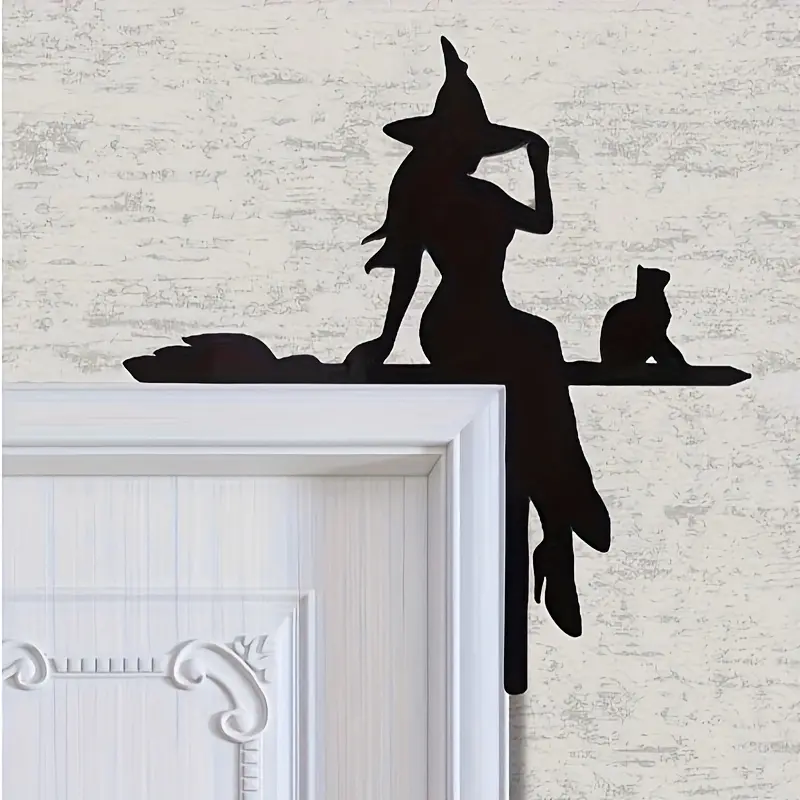Halloween Door Corner Decoration Ornaments, Festive Home Decoration, Cat Riding Broom Metal Frame Lightweight Artistic Decorative Unique Wall Sculpture, Home Decor for Living Room Bedroom Indoor Outdoor Use