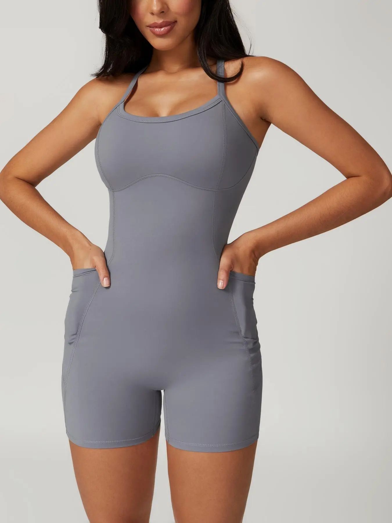 Sporty Women's Criss Cross Pocket Sports Romper, Sport Chest Padded Quick Drying Tank Romper, Ladies Summer Sportswear, Tummy Control, Activewear