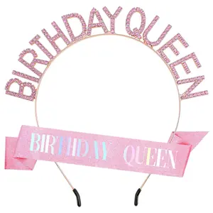 Birthday Sash for Women,Birthday Crowns Tiara Crown Adult Woman,Pink Glitter Rhinestone Tiaras Headband  Sash for Girls Princess Party Decorations Accessories Valentines Stuff Gifts for Women