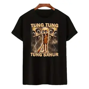 Men'S Casual Graphic T-Shirt - "Tung Tung Tung Sahur" Design with Cartoon Character, Black Short Sleeve Tee for Summer Beach & Hiking Outings, Beach Tshirt |   Playful Design |   Stretchable Fabric