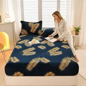 YHFYHF Luxurious Palm Leaf Print Bed Skirt Set, 3-Piece Fitted Sheet Set, Soft Plush Material, Elastic Band, Deep Pockets
